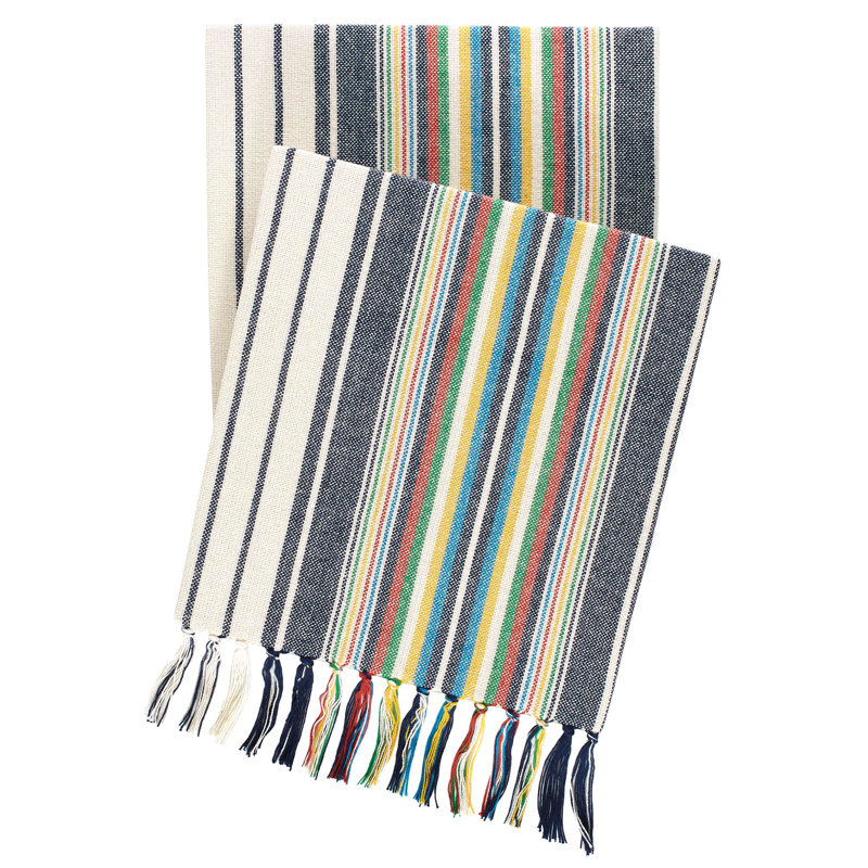 Indigo Chambray Striped Cotton Throw with Knotted Fringe