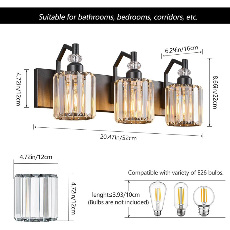 Luminaire de meuble-lavabo moderne avec abat-jour en cristal, luminaire à 3 lumières pour dessus de miroir, conception résistante à l'humidité, compatible avec les ampoules E26