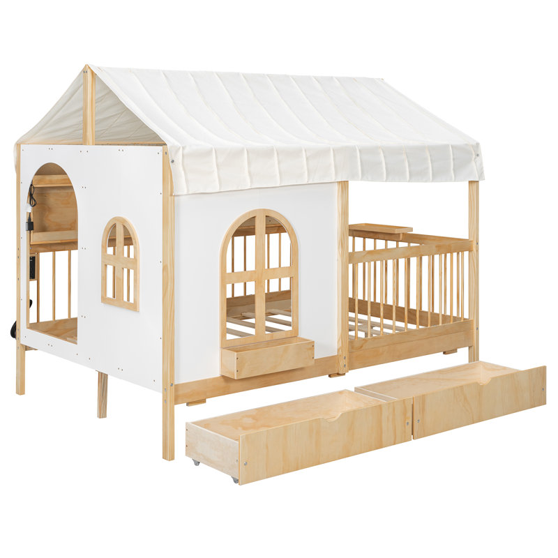 Full Size Kids House Bed with 2 Large Storage Drawers, Side Bookshelf & LED Lights, Natural, Natural