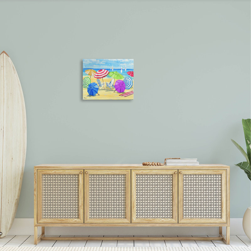 «Umbrella Coast Vibrant Beach Landscape» par Paul Brent - peinture sur toile tendue, H 16 po x l 20 po x P 1,5 po
