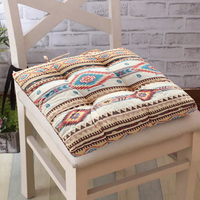  Tisa 18 x 18 Inch Chair Pad Cushion with Traditional Ikat Pattern, Tufted Microfiber Fabric, Multicolor