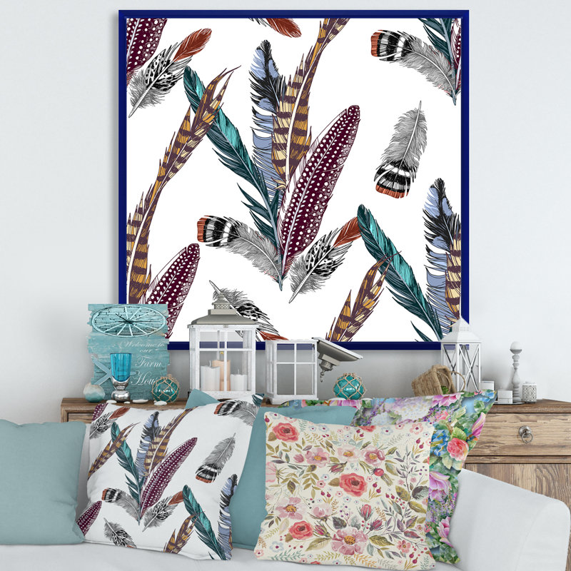 Ensemble de plumes colorées Boho V - Impression sur toile, H 16 po x l 16 po x P 1 po, Encadrement bleu
