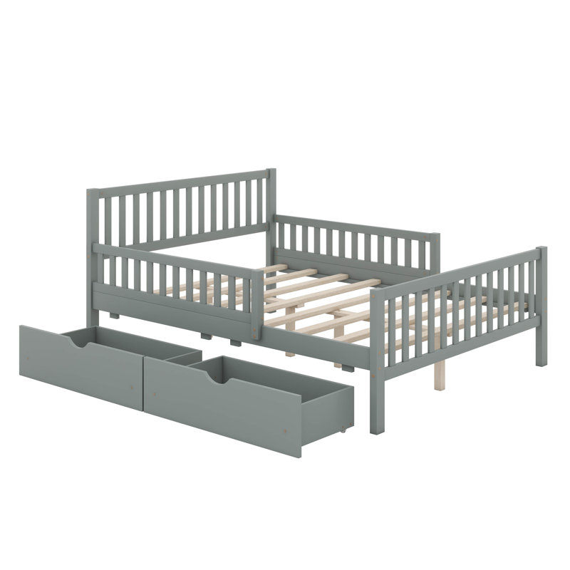 Storage Bed Frame For Kids, Wood Bed With 2 Drawers,Platform Bed With Guardrails On Both Sides For Kids, Girls, Boys, Gray