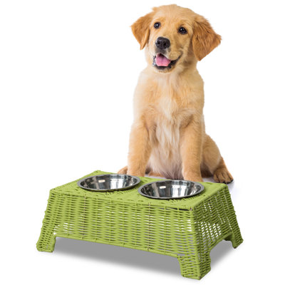 Serenity 6.9" Small/Medium Elevated Wicker Pet Feeder with 18oz (2.2 Cups) 2-Stainless Steel Bowls, Light Green