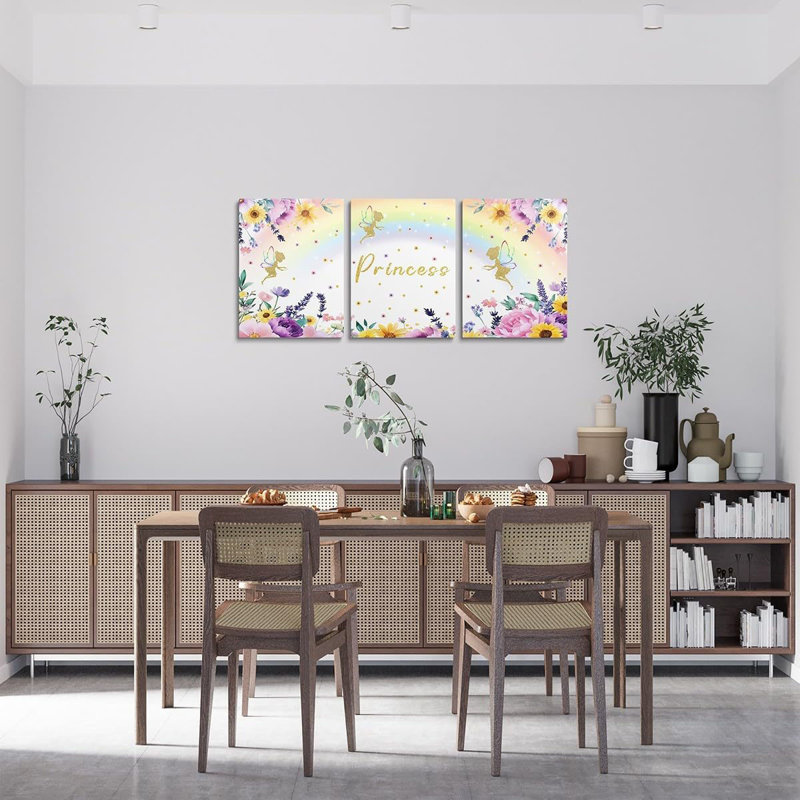 Garden Flower Canvas Wall Art Set of 3,Cute Floral Rainbow Pictures Wall Decor for Girls Kids Bedroom Living Room Home,Dreamy Princess Coquette Poster Prints Paintings Decor