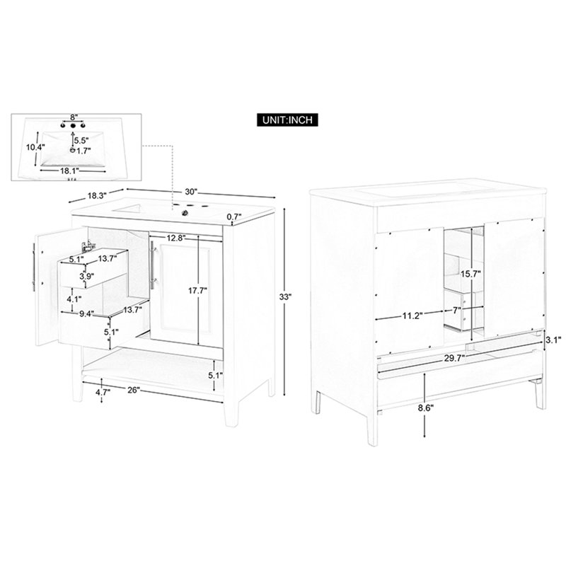 Meuble-lavabo sur pied simple 30 po avec comptoir en céramique