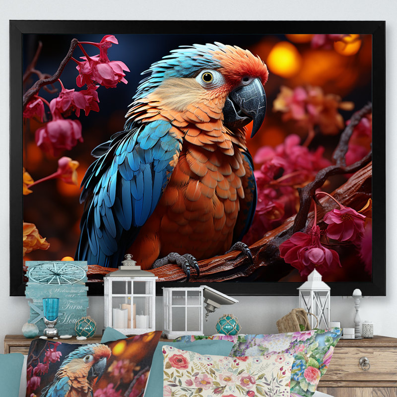 Perroquets rouges et bleus, plumage radieux, coucher de soleil II, Cadre photo noir simple, H 34 po x l 44 po x P 1,5 po