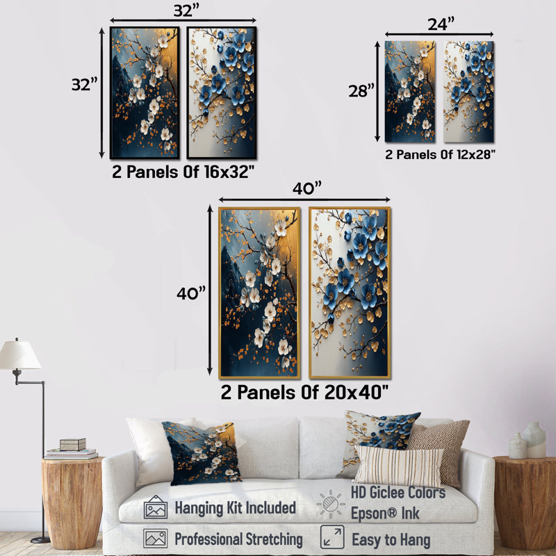 Or et bleu cerisier en fleurs, paysage I - ensemble d'art mural 2 fleurs de cerisier, H 40 po x l 40 po, Encadrement argenté