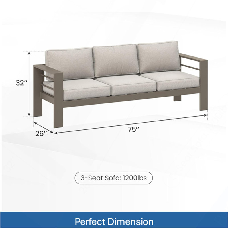 Canapé de patio 75 po 3 places toutes saisons en métal avec coussins épais beige et structure kaki