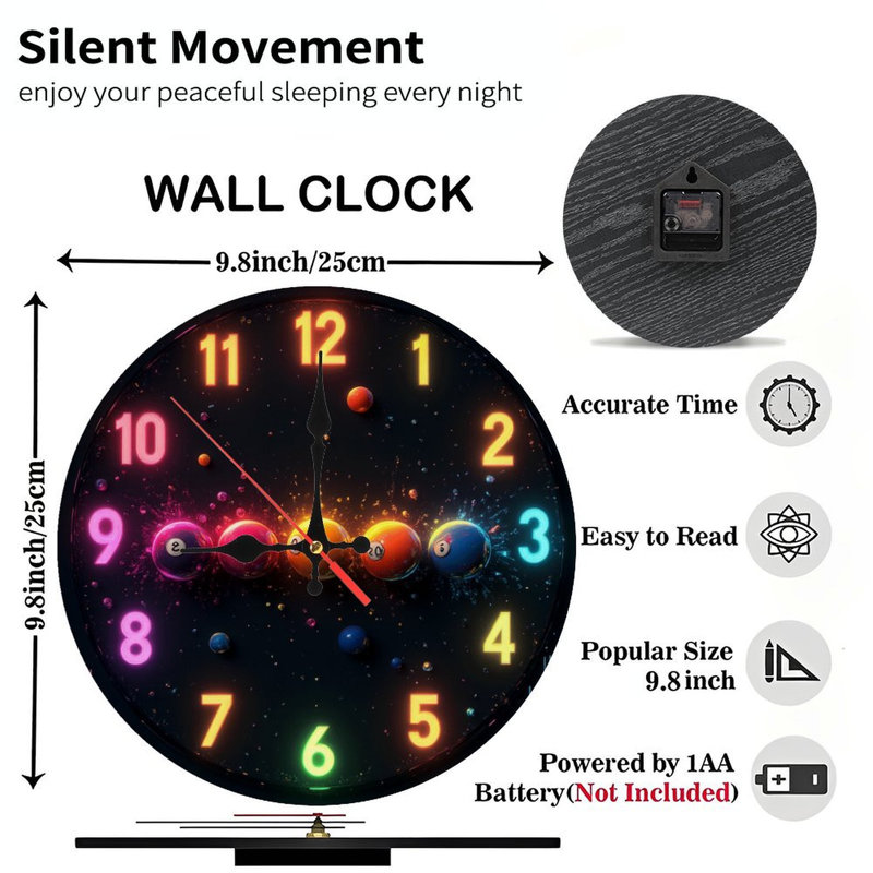 Horloge néon colorée avec des boules de billard