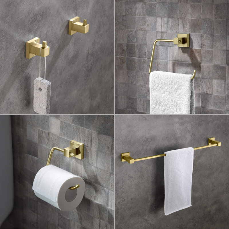 Cube 5 - Piece Bathroom Hardware Set, Brushed Gold