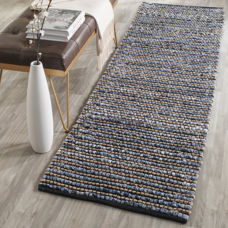 Tapis bleu en coton / jute tissé à la main à rayures Doleman, Tapis de couloir 2 pi 3 po x 6 pi