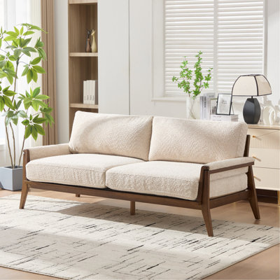 Mid-Century Modern Boucle Fabric Sofa with Solid Wood Frame, Comfortable Cushions, 3-Seater Upholstered Couch for Living Room