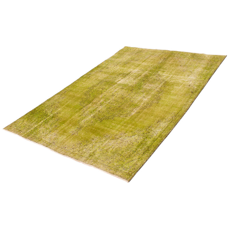 Tapis vert en laine des années 1990 de conception unique 7 pi 2 po x 10 pi 8 po Olibanum