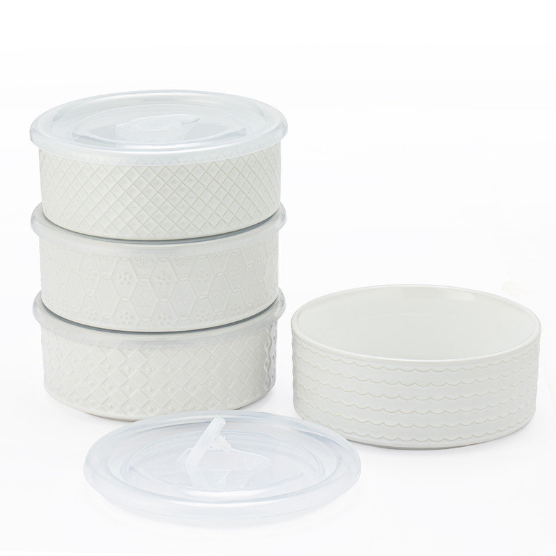 4PC 6" STORAGE JAR WHITE EMBOSSED