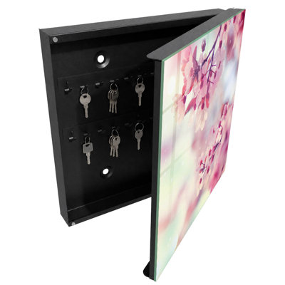 Key cabinet, Opens to the left, 30x30x5, White, Pink flowers on a light background, 
