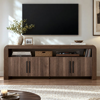 72"W Mid Century Fluted TV Stand for TVs Up to 80", Curved Storage Cabinet Design with Adjustable Shelves, Walnut