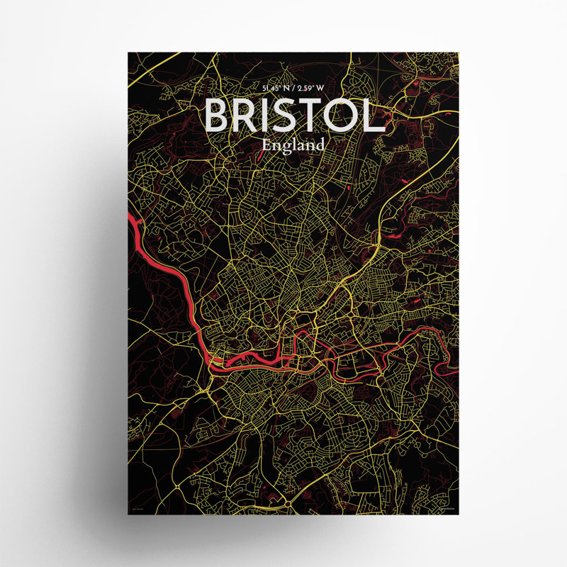 Bristol, carte de la ville, impression, H 27,6 po x l 19,7 po x P 0,05 po, Contraste