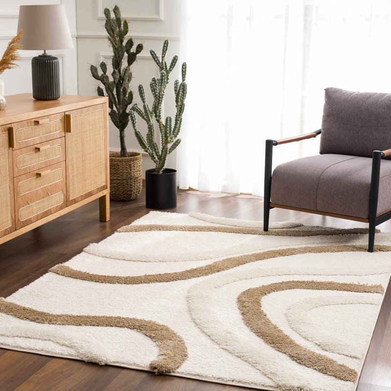 Ellis Shag Geometric Beige & Cream Area Rug, Rectangle 5'3" x 7'
