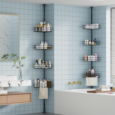 Serviteur de douche à barre de tension, boîtiers de douche de coin avec 4 tablettes de panier et barres à serviettes intégrées, organisateur de douche de salle de bain antirouille réglable de 75 à 110 pouces
