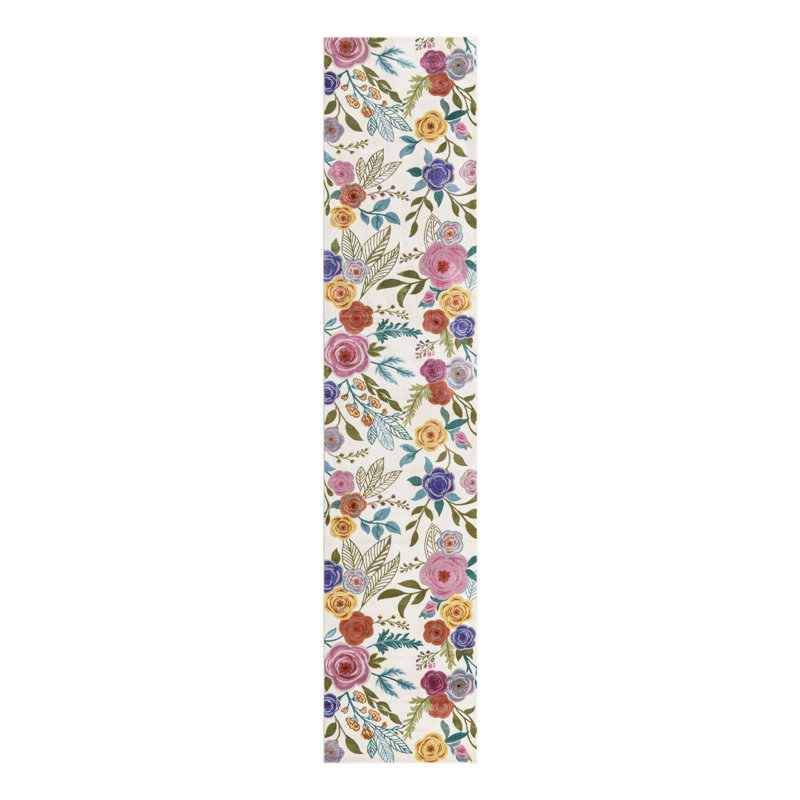 Tapis ivoire à motif floral Daignault, Tapis de couloir 2 pi 7 po x 12 pi