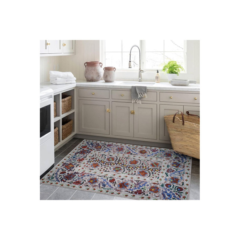 Tapis décoratif multicolore à motifs floraux et vignes, Sous-tapis rectangulaire de 3 pi 3 po x 4 pi 11 po