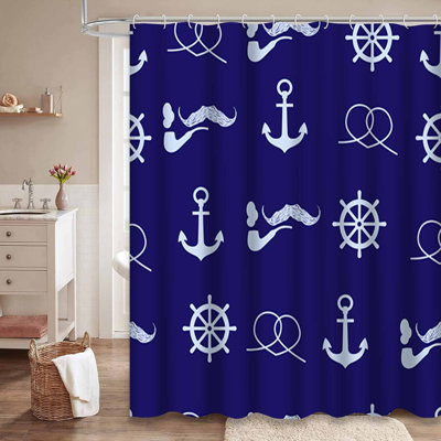 Waterproof Blue Anchor Pipe Childrens Nautical Rope Shower Curtain with 12 Hooks