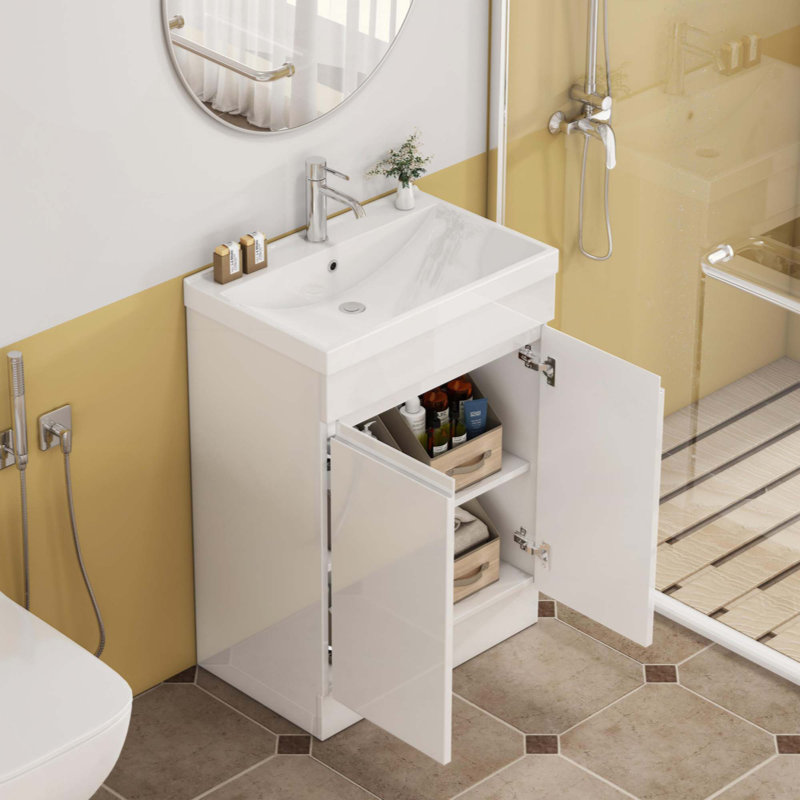 Meuble-lavabo de salle de bain avec lavabo, armoire de salle de bain 2 portes, avec tablette, conception sans poignée, lavabo en céramique à rebords épais unique, charnière à système de fermeture en douceur, assemblage facile