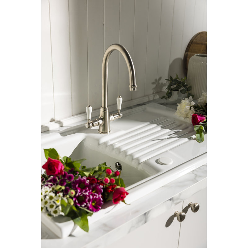 Abode Designs Milford 500mm W Single Bowl Ceramic Drop-In Kitchen Sink with 2 Faucet Holes