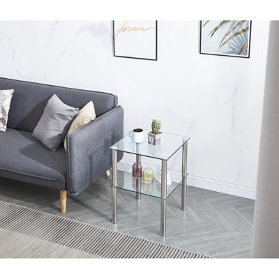 Table de bout transparente 2 pièces pour bureau et salle de réception, table de chevet avec tablette, plateau en verre trempé de 8 mm, tablette de 6 mm, côté carré de petits espaces, chambre à coucher, plateau en verre de 6 mm et couche double