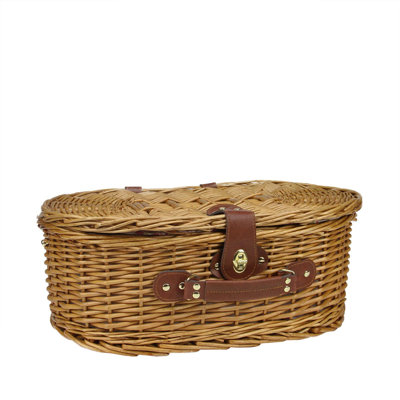 7" x 17.5" Honey Brown Hand Woven Willow Floral 2-Person Picnic Basket Set with Accessories