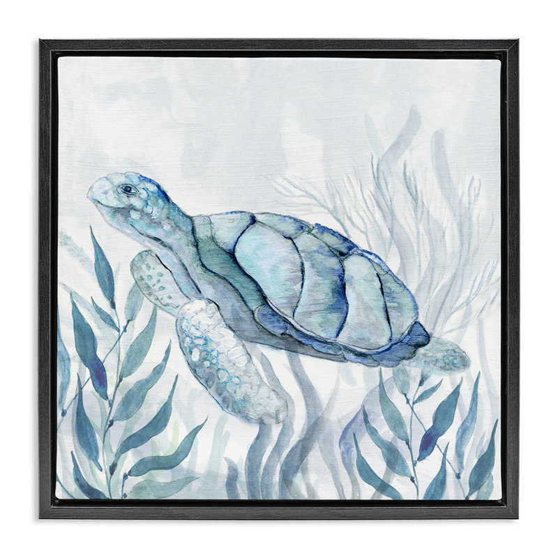 Tortue de mer avec cadre flottant au sourire subtil, design par Janet Tava, Cadre flottant noir de jais, H 18 po x l 18 po