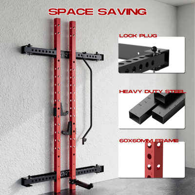 Wall-Mounted Folding Power Rack with Pull-Up Bar, J-Hooks & 360° Landmine, 1,000 lb Capacity Home Gym Squat Rack