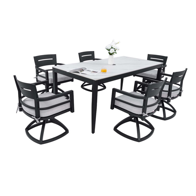 Modern 7pc Outdoor Patio Dining Set, 35.5"x71" Rectangular Aluminum Table, Greek Marble-inspired Sintered Stone, Ember Black Finish, 6 Swivel Rocker Chairs With Sunbrella Cushions