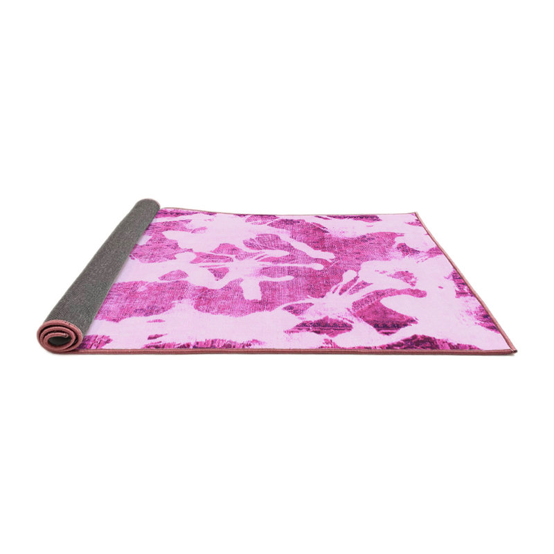Tapis rose en laine et polyester tissé à la machine à motif abstrait, Carré 5 pi