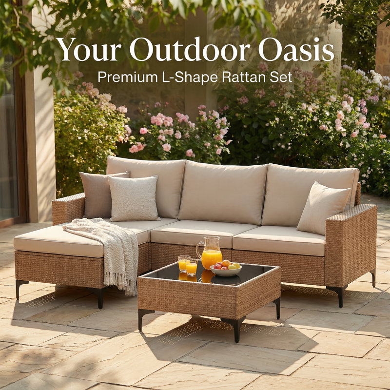 5-Piece Outdoor Patio Wicker Conversation Furniture Set With Cushions, Brown, White