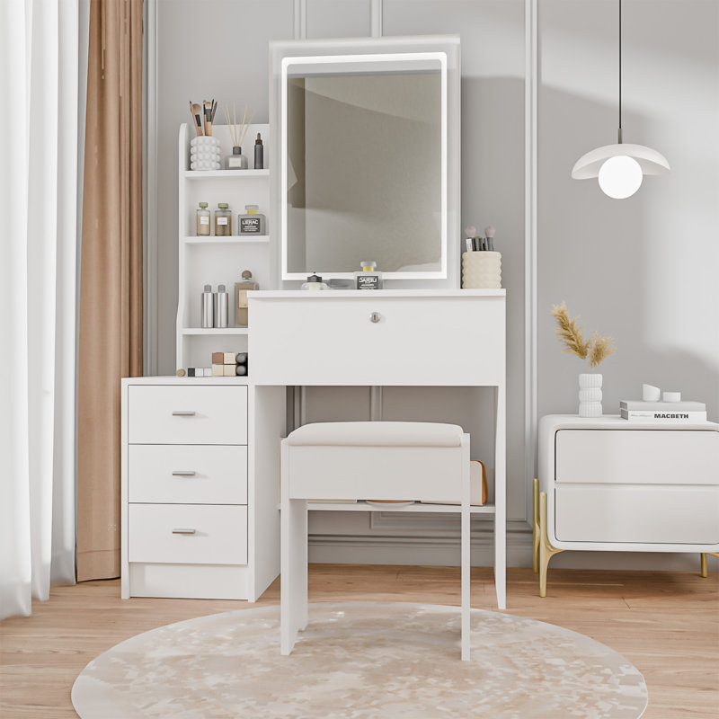 Bureau de coiffeuse 53,2 po avec miroir éclairé, 4 tiroirs et tablettes, coiffeuse avec tabouret rembourré pour la chambre à coucher