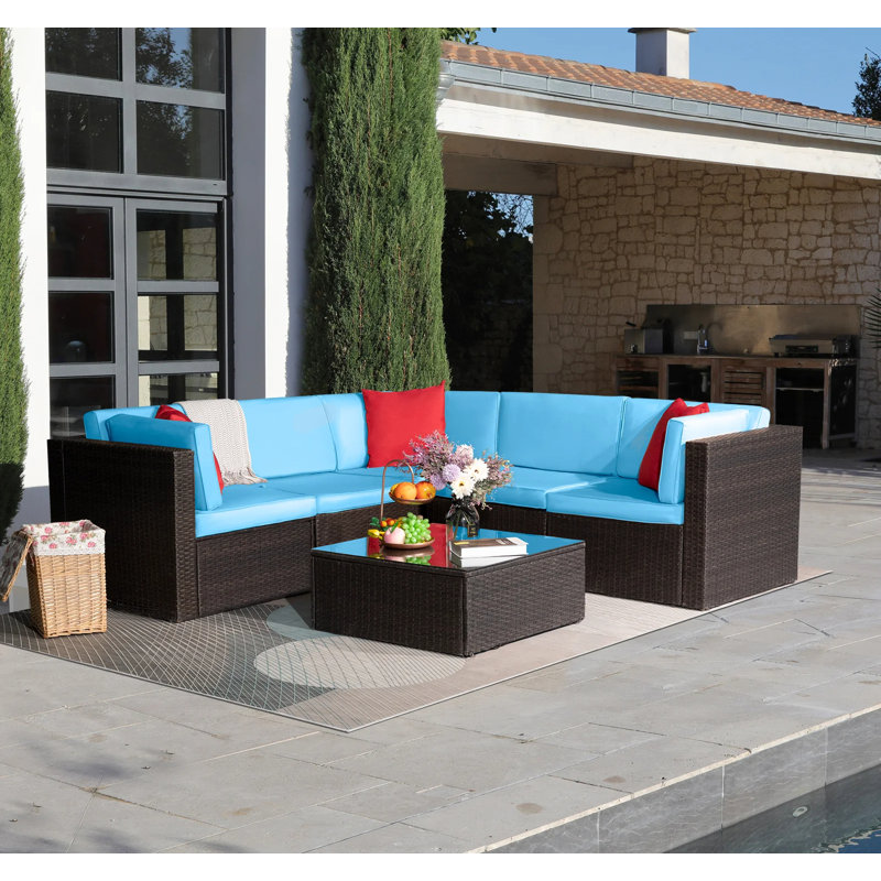 Chesterle 6 Piece Sectional Seating Group with Cushions, Blue/Red