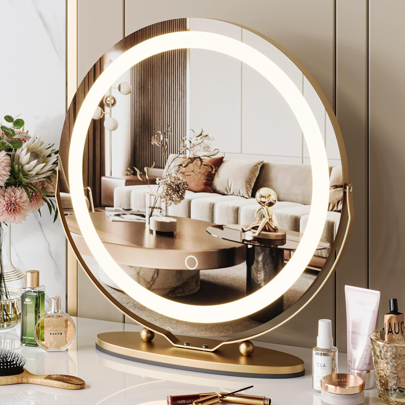 Miroir de maquillage à DEL avec lumières, miroir de coiffeuse avec contrôle tactile et éclairage à intensité variable, miroir de bureau rotatif à 360 °, finition dorée