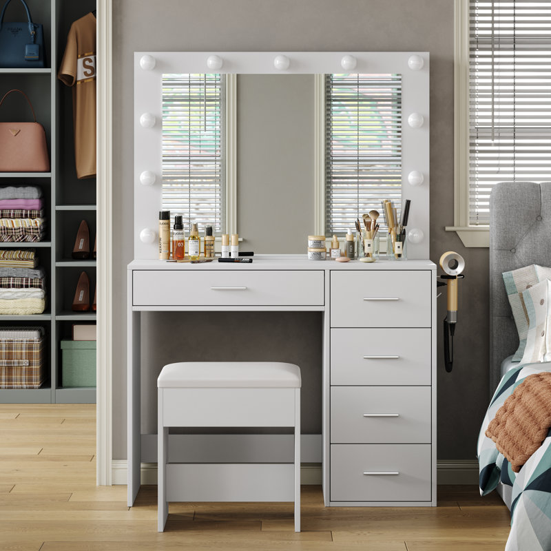 Dressing Table With Mirror And LED Lights, Power Outlet And USB, 3 Ligshting Modes, 5 Drawers, Stool, White