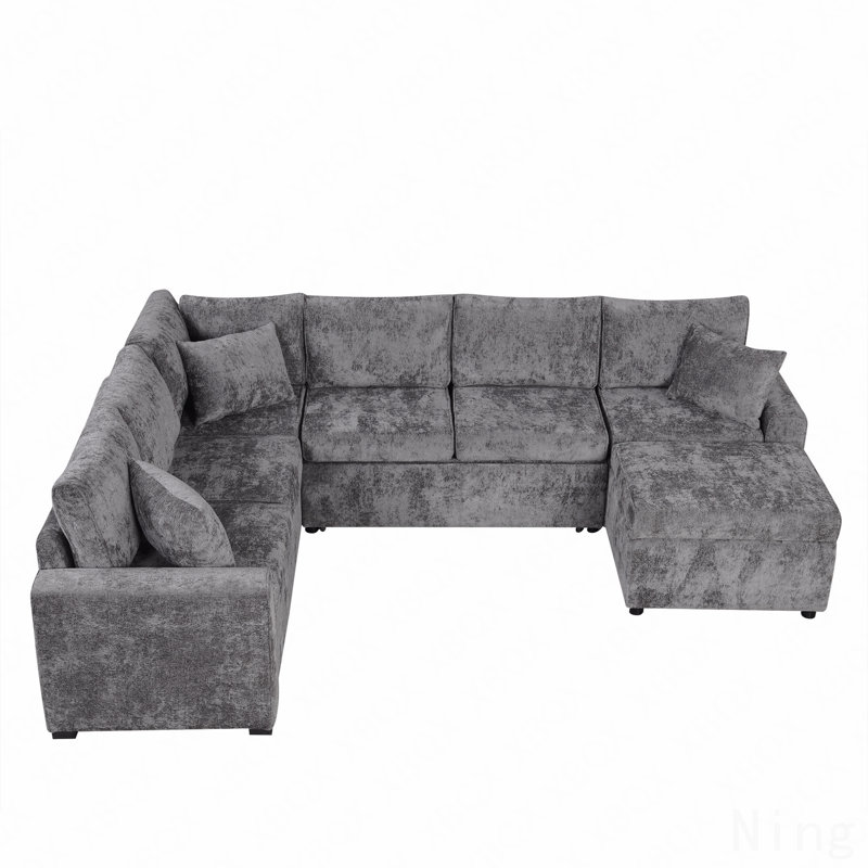 112.2" Sectional Sofa Pull-Out Sofa Bed Sleeper With A Storage Ottoman,Three Pillows And Charging Devices For Living Room, Grey