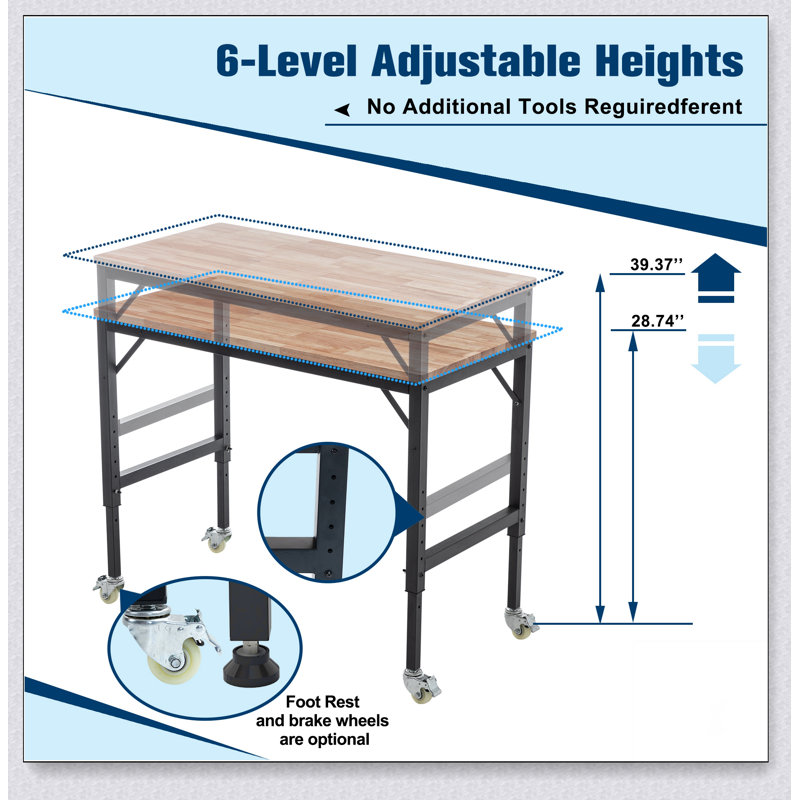 Établi robuste et réglable de 48 po pour le garage, table d'atelier en bois d'hévéa avec roues en métal, poste de travail en bois franc, capacité de poids de plus de 2 000 lb avec roues