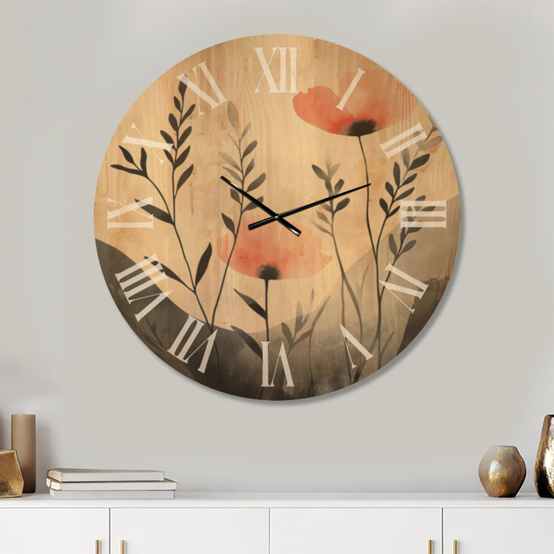Horloge murale ronde bohème grand format « Coquelicots corail et sommets », imprimée sur bois, Très grand