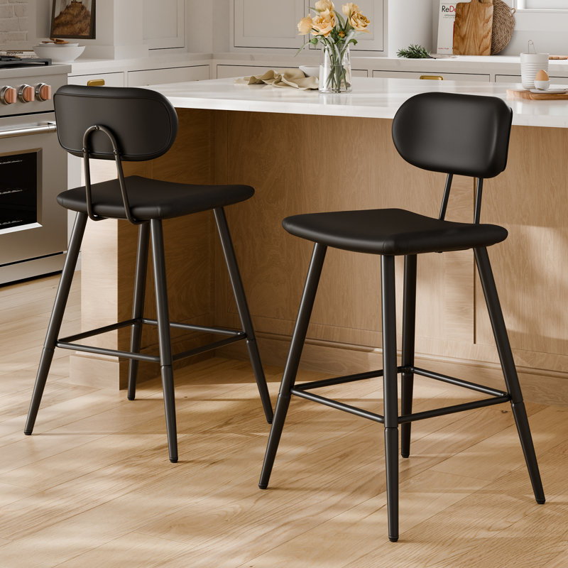 26.75" Leather Counter & Bar Stool with Large Seat and Back, Black