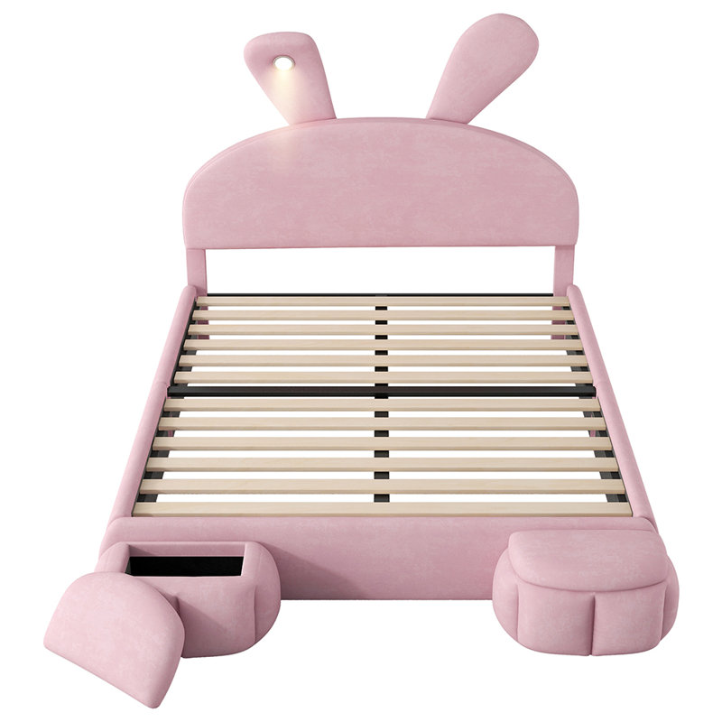 Upholstered Platform Bed with Cartoon Ears Shaped Headboard and Light, Pink, Full