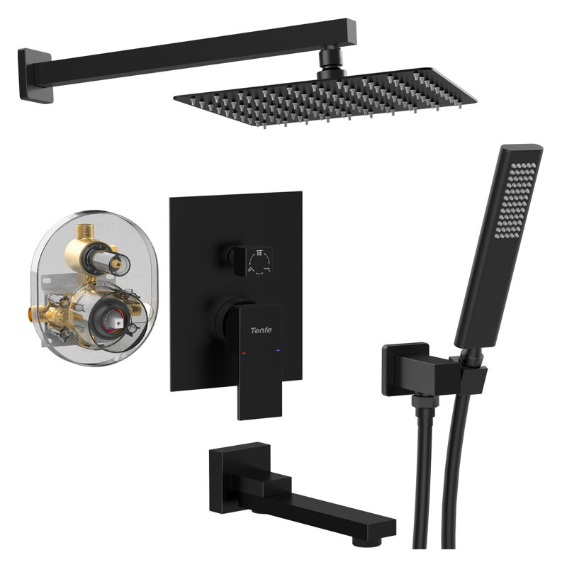 Matte Black Rain Shower Head System with 3 Function Tub Faucet, NPT Folding Bathtub Shower Faucet Set with Handheld Sprayer and Rough-in Valve Diverter