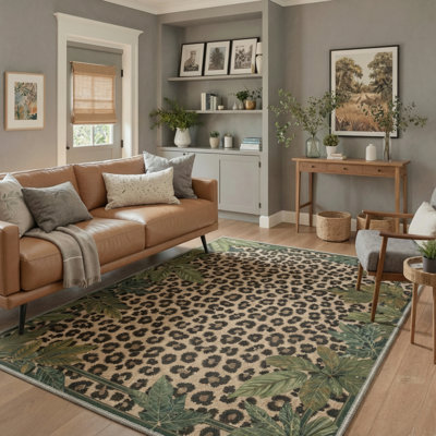 Tapis vert / brun / noir lavable à la machine à motif animalier avec envers antidérapant Lushmark