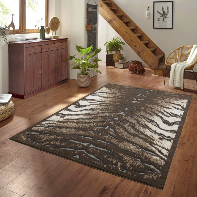 Tapis rectangulaire brun et fabriqué à la machine, 7 pi 10 po X 3 po, motif en cuir de vache, effet 3D, convient aux endroits très passants, tapis de style chalet de montagne avec style, teint