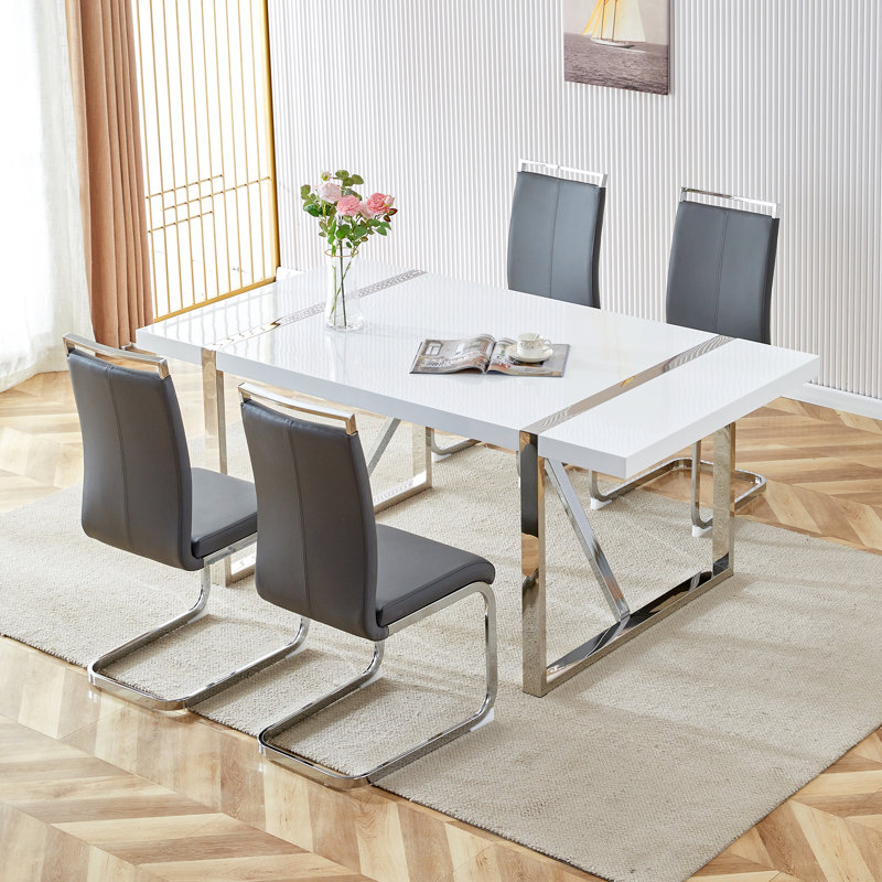 5-Piece Modern Glam Rectangular High-Gloss Wood Dining Set with Faux Leather Cantilever Chairs, Gray, 5