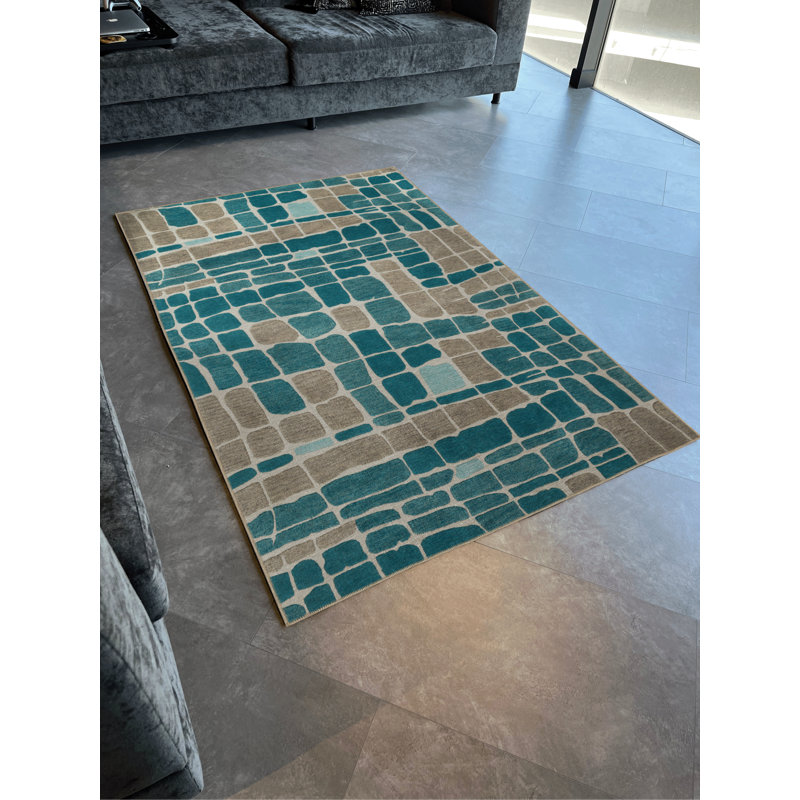 Tapis décoratif à motif géométrique bleu-gris, Rectangle 3 pi 3,37 po x 4 pi 11,06 po